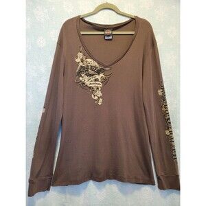 Y2K Harley Davidson Womens 2XL Shirt Eagle Rose Biker Grunge Punk Rock Brown